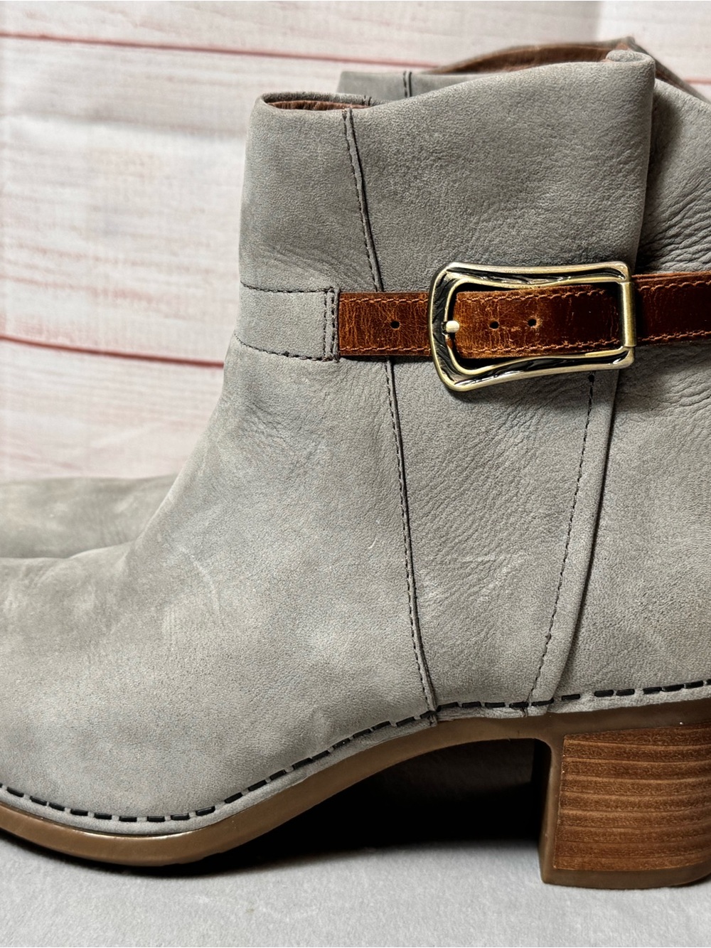 Dansko Light Gray Suede Ankle Boots with Brown Buckle